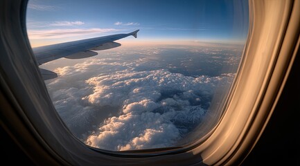 Airplane window view of clouds, mountains, and wings.  A  view from an airplane window showing clouds, mountains, and the wing of the aircraft.  Sunlight illuminates the scene