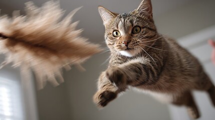 Tabby cat leaping indoors with focused eyes reaching out to catch a feathered toy in mid-air illuminated by natural window light