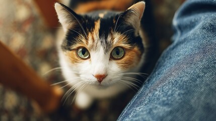 Close-up of a calico cat with vibrant green eyes sitting beside a person wearing blue denim jeans in a cozy indoor setting