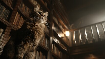 Fluffy long-haired cat perched in a cozy, warmly lit library surrounded by wooden bookshelves filled with books