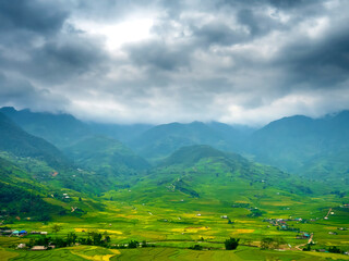 Rice terrace Field Green agriculture rainny season dark cloud amazing landscape. Sustainable Ecosystem rice paddy field Vietnam green nature farm land. Golden green rice terraces tropical landscape
