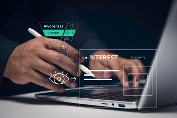 Customer Interest Stage in Funnel Marketing Strategy concept, Marketers create content or campaigns...