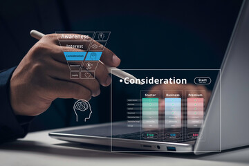 Consideration Phase in Customer Funnel Decision Process, Customer comparing pricing plans, Represents the consideration stage in funnel marketing concept, customers evaluate options before purchase