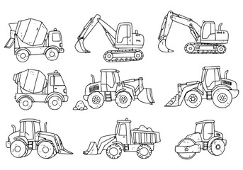 Fototapeta premium Construction vehicle silhouettes of mixer, excavator, loader, and roller for industrial projects