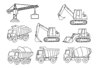 Fototapeta premium Construction vehicles silhouette showing heavy equipment like crane, excavator, trucks and mixers