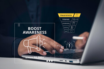 Boost Brand Awareness, Digital Marketing Funnel concept, Top stage of digital marketing funnel, representing brand reach, online visibility, and ad impressions, Businessman shown boost brand awareness