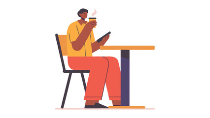 Illustration of a person sitting at a table holding a coffee cup and phone in a cafe setting