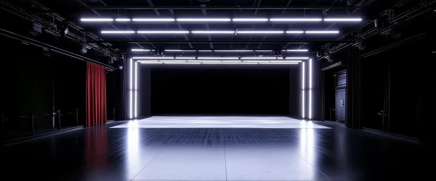 The stage is empty and the lights are off. The floor is white and the walls are black