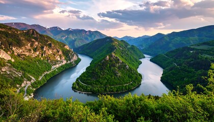 Serene River Bend Landscape with Lush Green Mountains and Cloudy Sky