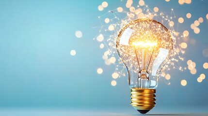 A glowing light bulb with sparkles, set against a soft blue background, symbolizing creativity and inspiration.