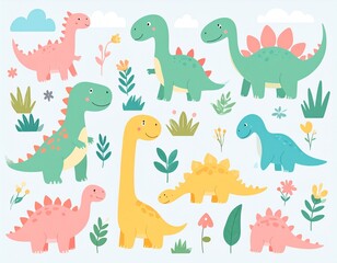 Fototapeta premium Cute dinosaurs big bundle. Dino set. Collection with Tyrannosaurus rex, Stegosaurus
