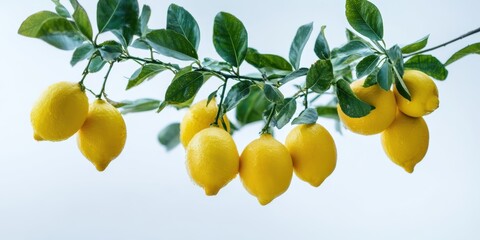 The vibrant lemons hanging from a branch in natural light.