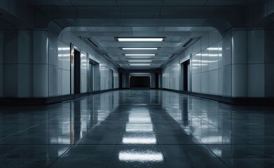 Obraz premium Long, empty hallway. Sleek, modern interior. Reflecting floor