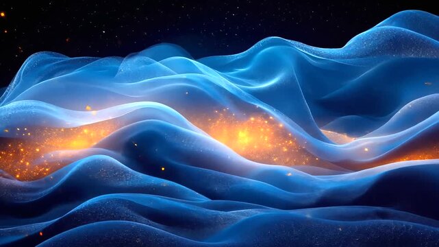 Abstract blue and orange wave pattern animation with sparkling particles