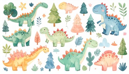 Cute dinosaurs big bundle. Dino set. Collection with Tyrannosaurus rex, Stegosaurus