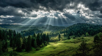 Sunlight piercing through dramatic clouds over a lush valley