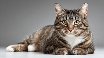 Obraz premium Gray tabby cat with yellow-green eyes lying on a light surface against a plain gray background
