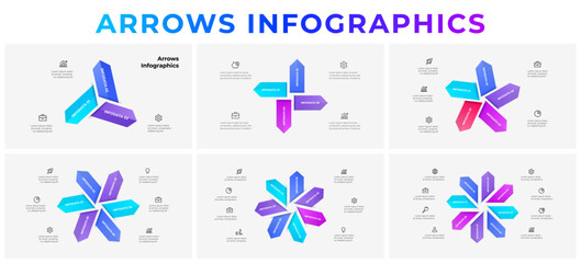 Set of infographic templates featuring cycle arrows for data visualization, ideal for presenting concept, or comparisons for educational purposes. Diagrams with 3, 4, 5, 6, 7 and 8 steps or processes