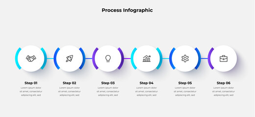 Naklejka na ściany i meble Vector infographic showcasing a six step process with modern minimal icons and a clean layout. Ideal for illustrating workflows, strategies, and project guidelines