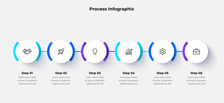 Vector infographic showcasing a six step process with modern minimal icons and a clean layout. Ideal for illustrating workflows, strategies, and project guidelines