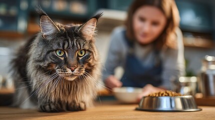 Majestic Maine Coon Cat Resting on Wooden Surface with Blurred Figure and Pet Bowl in Soft Background