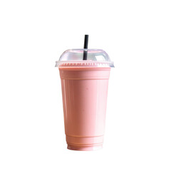 pink smoothie in a clear plastic cup with a gree