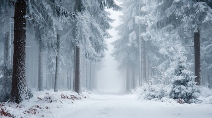 Snow-covered forest pathway winding through frosted tall trees under a misty winter sky