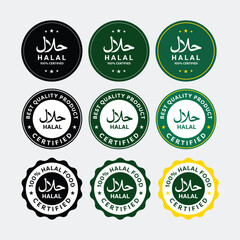 Halal sign icon illustration, halal food symbol isolated, islamic stamp logo set, 100% halal certified badge symbol design for product label sticker