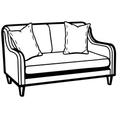 Modern couch with cushions – black line art vector