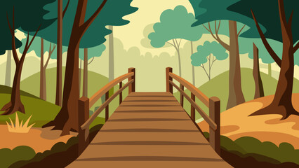 rustic wooden bridge to wild forest view