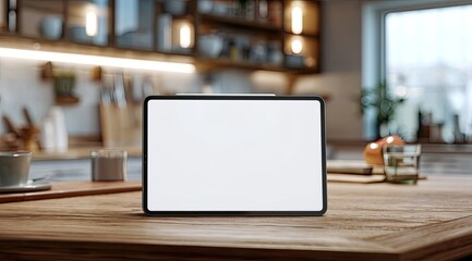 A blank tablet rests on a wooden kitchen table, with a blurred background of a modern kitchen