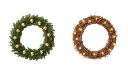 christmas wreaths, with gold ornaments, one with light on transparent