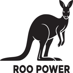 A black kangaroo silhouette with the text roo power below it on a white background simple design