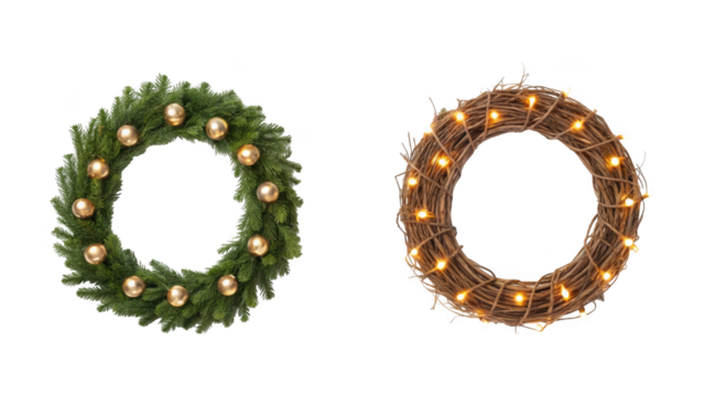 christmas wreaths, with gold ornaments, one with light on transparent