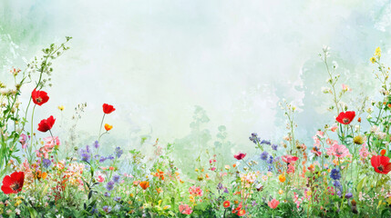 Fototapeta premium Vibrant spring meadow filled with colorful wildflowers, creating whimsical and serene atmosphere