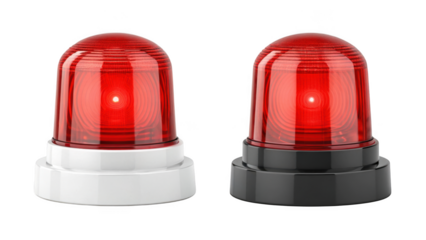 Two red warning lights, one on white, one on black base isolated on transparent 
