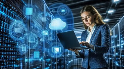 A professional woman using a laptop in a modern server room, engaged in cloud computing and data analysis. - Powered by Adobe