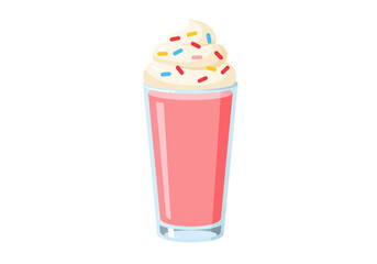A strawberry milkshake is in a clear glass topped with whipped cream and colorful sprinkles