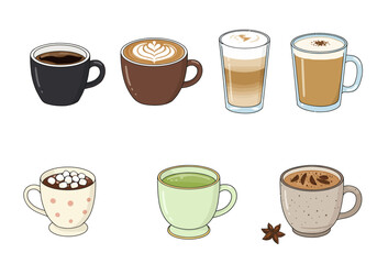 Obraz premium Assortment of beverages coffee latte hot chocolate and matcha in various mugs and glasses