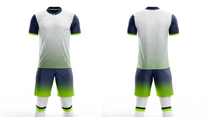 Mockup A front and back view of a soccer uniform with a white, blue and green gradient design, including shirt and shorts.