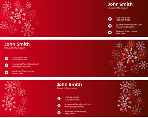 Festive red business card with snowflakes and personal contact details