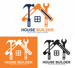 House Builder Logo Design with Tools, Toolbox, and Home Icon for Construction and Repair Services