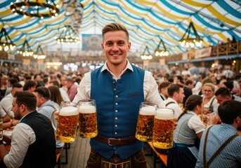 man in traditional bavarian outfit serving beer at oktoberfest beer tent with festive crowd