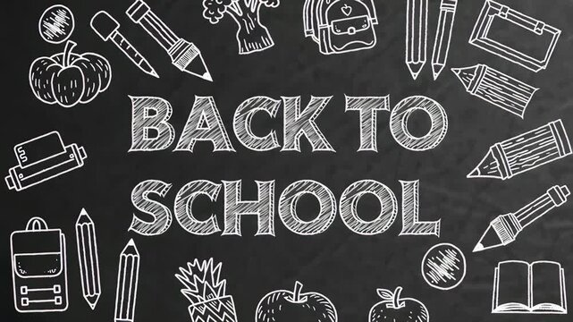 back to school, chalk writing and school supplies drawn on black board