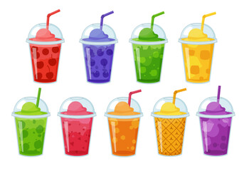 Ten fruit smoothie cups with different flavors and colors each with a straw