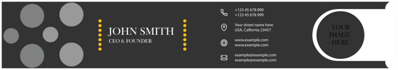 Sleek business card design featuring john smiths details, logo area, and social icons on a dark grey background