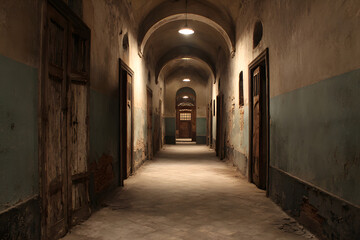 Fototapeta premium An old corridor of a creepy prison abandoned a long time ago.