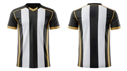 Mockup Black and white soccer jersey design with gold accents, shown front and back.