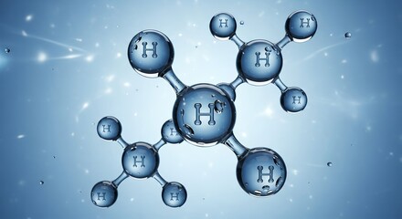 Hydrogen molecules represented visually with water droplets in a scientific illustration showcasing molecular structure