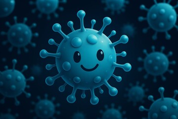 Happy virus character with cartoonish smile in a vibrant blue background illustrating microscopic world
